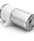DC 6V Mini Air Pump With Beefy Aluminum Housing, Direct Suction Vacuum Booster For Aquariums And Lab Gear, Smooth Three Liter Output, Dead Simple Hookup, close-up of motor with metal and plastic components.