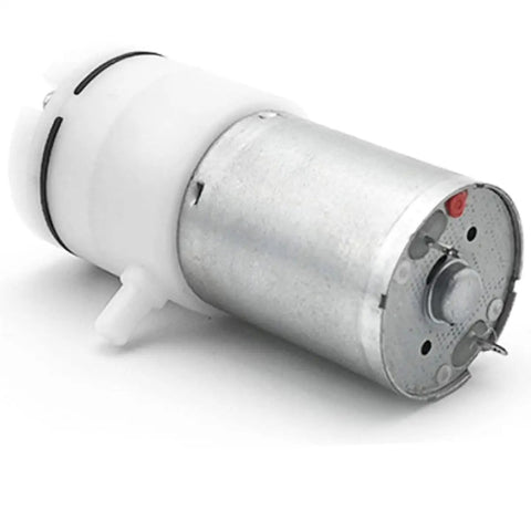 DC 6V Mini Air Pump With Beefy Aluminum Housing, Direct Suction Vacuum Booster For Aquariums And Lab Gear, Smooth Three Liter Output, Dead Simple Hookup, close-up of motor with metal and plastic components.