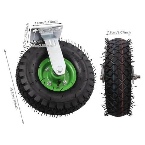 Top Notch 10 Inch Pneumatic Caster Kit With Four Slick Rubber Tires Including Two Swivel And Two Rigid Plates designed for heavy equipment with a green bracket.