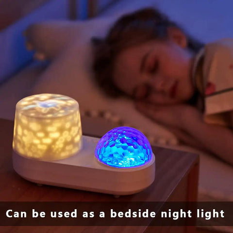 Starry Night Light Projector for Kids Dual Mode Sea and Galaxy Nebula with 360 Degree Rotation beside a sleeping child