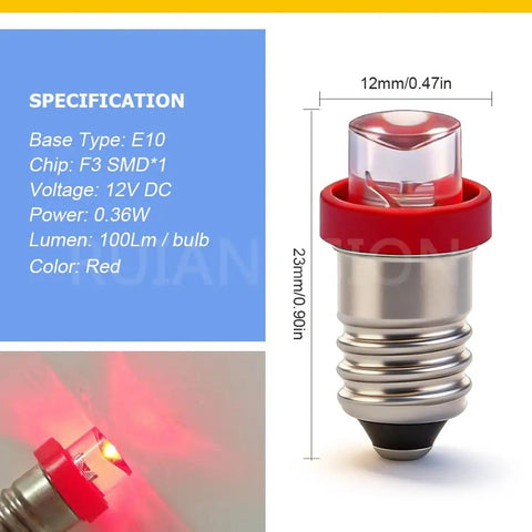 10 Pack 12V E10 Mini Screw Led Indicator Bulbs Featuring Smooth Negative Earth Wiring, Legit Red Glow For Dash Gauges, Vintage Radios, And Holiday Strings