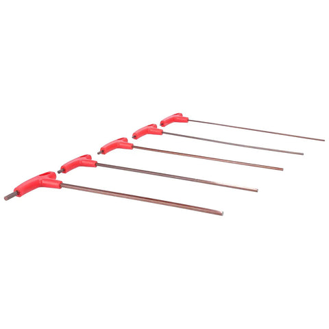 Heavy Duty 5 Pc T Handle Hex Wrench Set Made From S2 Alloy Steel Sizes 3mm 4mm 5mm 6mm 8mm For Sick Auto Repair CNC Maintenance Fastening With Comfortable Grip That Fixes Tasks For Pros Who Want Boss Level Gear To Win Every Job Smoothly. angled five-piece red T-handle hex wrench set