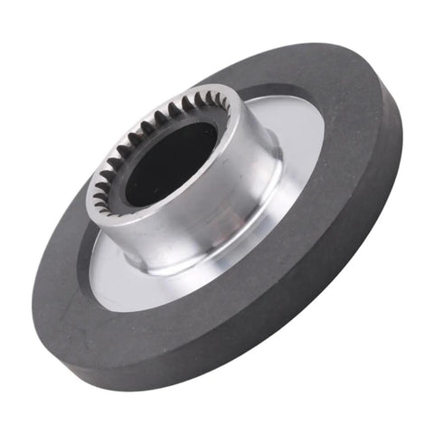 Angled front view of a 150mm brake gear disc featuring a toothed inner bore and black friction surface