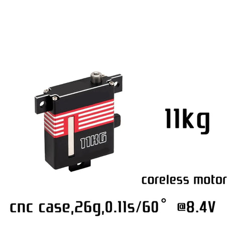 OCS D1102 Digital Micro Servo Featuring Coreless Motor Wing Setup 11kg Cm Torque Dead Quiet Operation close-up of CNC case and gear.