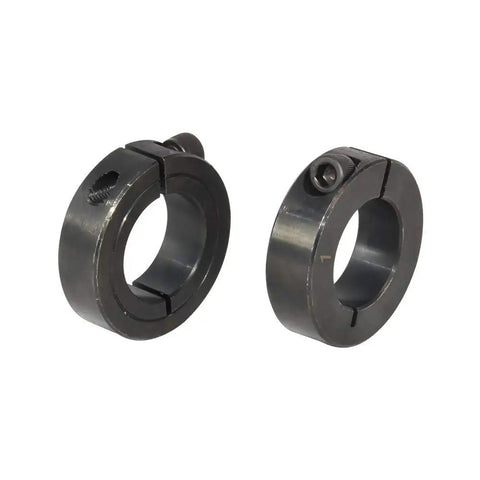 Heavy Duty Black Oxide 2 Inch Bore Single Split Clamp On Shaft Collar 3 Inch Outside Diameter 11/16 Inch Thick Includes Two 5/16-24 Set Screws Carbon Steel Machinery Shaft Locking Collar shown in image.