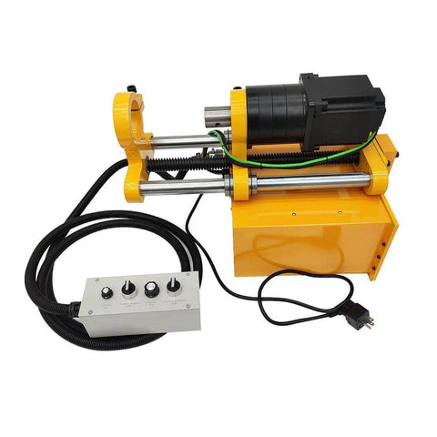 Portable line boring machine with 110V motor, yellow frame and black components, side view showing control panel.