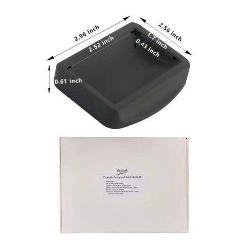 Black silicone bed stopper and furniture stopper caster cup with dimensions shown below packaging box.