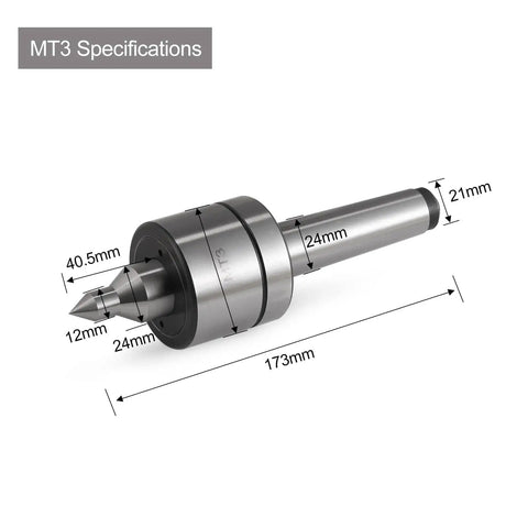 MT3 Live Center for Lathe Tailstock With 60 Degree Precision, Triple Bearing Support, steel, medium duty, dimensions shown