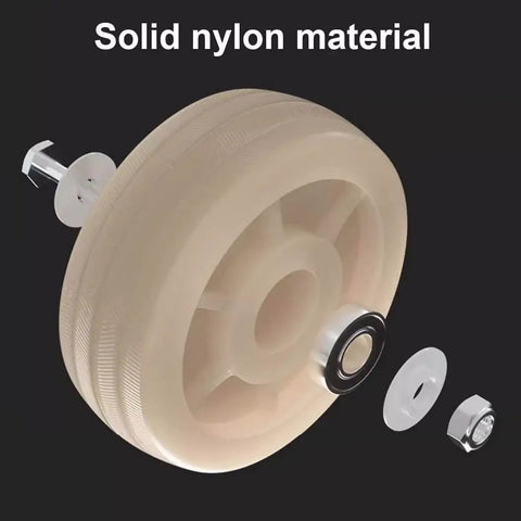 Four Pack Eight Inch Heavy Duty Swivel Caster Wheels With Dual Locking Brakes For Workbenches And Shop Gear Built Tough With Premium Nylon Rollers That Move Massive Loads Zero Drama showcasing solid nylon material and steel components.