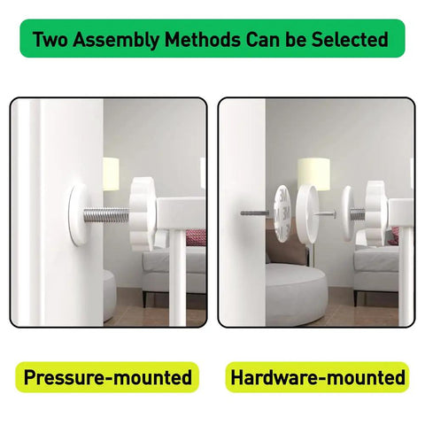 Walk Through Baby Gate With Auto Close Tension White Metal Pet Safety Gate For Stairs Doorways And Kitchen Pressure Mounted With Optional Hardware Mount Easy Install Extends 68.11 To 70.87 Inches, showing pressure and hardware mounting options