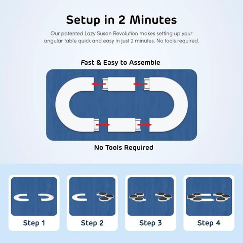 Setup instructions for Expandable Lazy Susan Turntable For Rectangular Dining Tables Smooth Serving Tray showing steps.