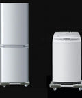 Heavy Duty Appliance Mover Trolley With Adjustable Base For Frig Freezer Washer Dryer shown under a washing machine and refrigerator.