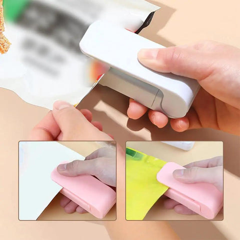 Portable Two In One Rechargeable Bag Sealer And Heat Sealer in use, handheld tool sealing plastic snack bags, white and pink models shown.