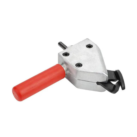 Drill Powered Sheet Metal Cutter Attachment With Quick Connect Scissor Blade, red handle, metal cutting tool for 12V drills.