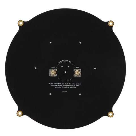 Back view of Long Range 5.8GHz Triple Feed Patch Antenna with High Gain for RC Drones FPV, showcasing connectors and circular design.