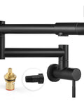 Heavy Duty Wall Mount Pot Filler Reaching 19 Inch Matte Black Kitchen Faucet With American Standard High Flow Design And Badass Reach Spout Built Tough For Every Cook, showing matte black design and ceramic valve.