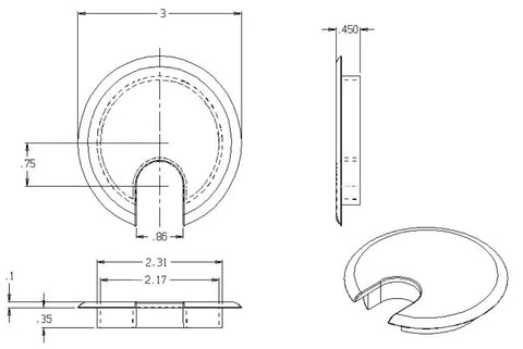 Heavy Duty Desk Grommet Covers For 2.5 Inch Cutouts Slick Black Plastic Cable Management Kit dimensions and design schematic