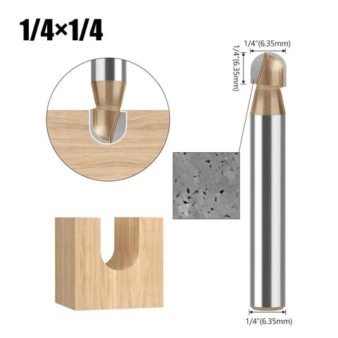 Round nose bit part of Six Piece CNC Router Bits Set With One Quarter Inch Shank For V Groove And Round Nose Engraving Mortising Slotting Trimming Surfacing And More A Versatile Entry Level Woodworking Kit For Beginners In Wood Plastic And Acrylic, displayed with measurements and wooden cut example.