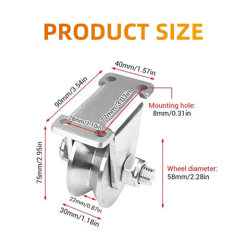 Rock Solid V Groove Wheel Pulley 2.28 Inch 304 Stainless Steel with detailed size measurements for sliding gate and lifting tasks.