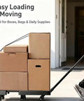 Beefy Folding Hand Truck Dolly Cart With 6 Wheels And 500 Lb Capacity For Luggage Moving And Travel Heavy Duty Utility Cart That Folds Flat For Easy Storage Sturdy Haul With 2 Elastic Ropes. Loaded with moving boxes