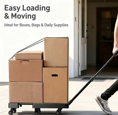 Beefy Folding Hand Truck Dolly Cart With 6 Wheels And 500 Lb Capacity For Luggage Moving And Travel Heavy Duty Utility Cart That Folds Flat For Easy Storage Sturdy Haul With 2 Elastic Ropes. Loaded with moving boxes