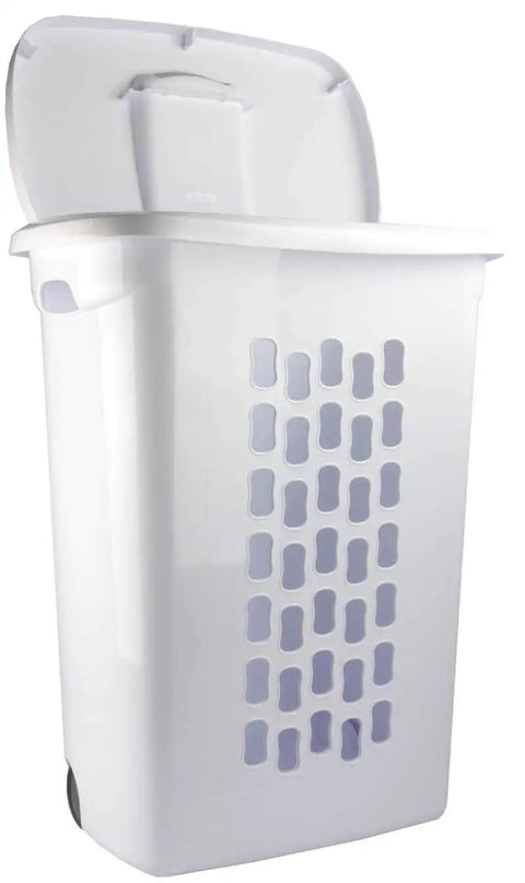 Heavy Duty Wheeled Laundry Hamper With Secure Lid And Smooth Rolling Wheels For No Sweat Hauling Of Dirty Clothes And Towels, Solid White Plastic Build