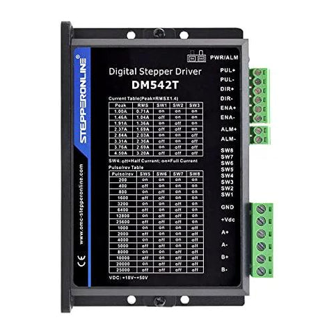 StepperOnline DM542T 1-axis digital stepper driver module with blue label and green terminal blocks (front view)