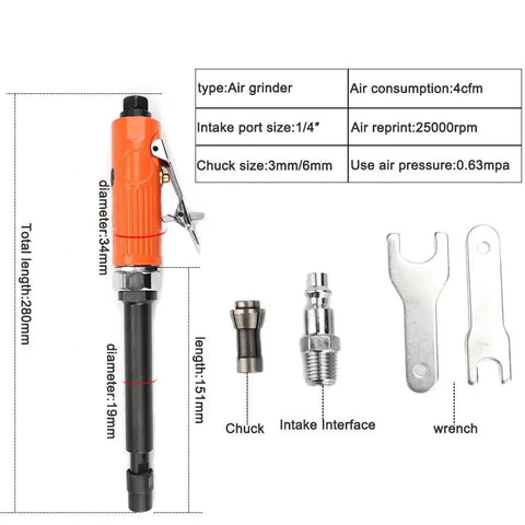Extended Six Inch Pneumatic Die Grinder With Quarter Inch And Eighth Inch Collets, 22,000 RPM Free Speed, 3.5 CFM at 90 PSI, Includes Two Wrenches, Durable Air Tool Perfect For Precise Grinding