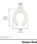 Diagram of Elongated Plastic Toilet Seat With Stainless Steel Hinge For Commercial Use, Open Front, dimensions shown.