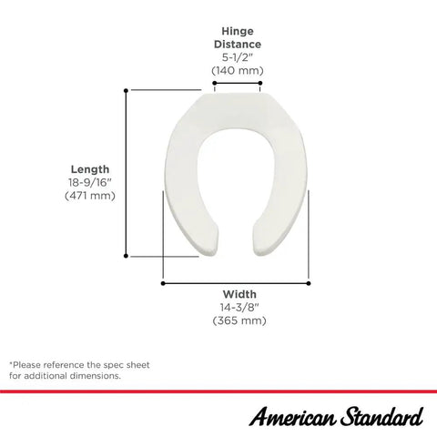 Diagram of Elongated Plastic Toilet Seat With Stainless Steel Hinge For Commercial Use, Open Front, dimensions shown.