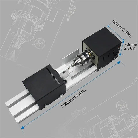 Standard Mini Wood Lathe Machine For Carving Pearl Beads And Metals Includes Speed Control Power Supply 12-24V close-up of black and silver components