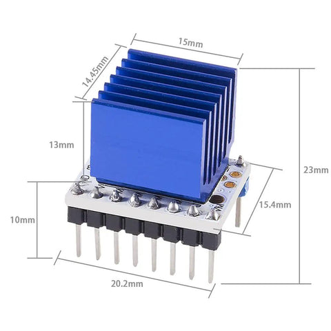 Five Pack Ultra Quiet TMC2208 Stepper Driver Modules For 3D Printers with blue heatsink and size dimensions shown