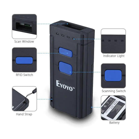 Pocket Size 1D Wireless Barcode Scanner With Bluetooth 3 In 1 2.4G And USB Wired Connectivity, showing buttons and labels