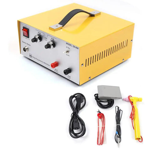 Heavy Duty Workhorse 80A 110V Jewelry Spot Welder With Pulse Control For Gold Silver Steel Repair, yellow unit with tools.