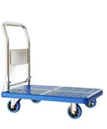 Heavy Duty Foldable Rolling Dolly, No Sweat Hauling With Silent Wheels, Space Saving Steel Frame Pushcart For Quick Home Moves And Warehouse Jobs, Solid Blue Build, side view, silent wheels.