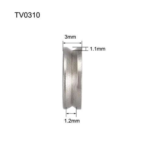 Top Shelf Deep V Groove Guide Ball Bearings 3x10x3mm side view showing dimensions of 3mm thickness and 1.1mm width.