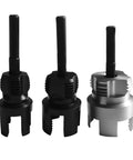 Versatile 3 Piece PVC Pipe Threader Set For Internal And External Threading For 1/2 Inch 3/4 Inch And 1 Inch Pipes With Hex Shank Quick Change Heavy Duty Carbon Steel Construction Fits Electric Drills DIY Pro Grade Pipe Threading Tools displayed in black and silver, showing cutting edges and hex shanks.