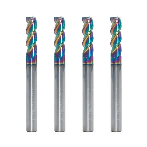 Carbide Square End Mill Workhorse For Aluminum And Copper Alloy Plastic One Quarter Inch Three Flute HRC 55 DLC Coating CNC Router Bits Set Of Four For Precise Milling And Machining For DIY Projects And Production Milling.