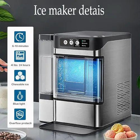 Large Capacity Countertop Ice Maker With No Fuss Self Cleaning And Three Liter Detachable Tank Churning Out Fresh Nugget Ice Quickly, showing control panel and glowing interior.