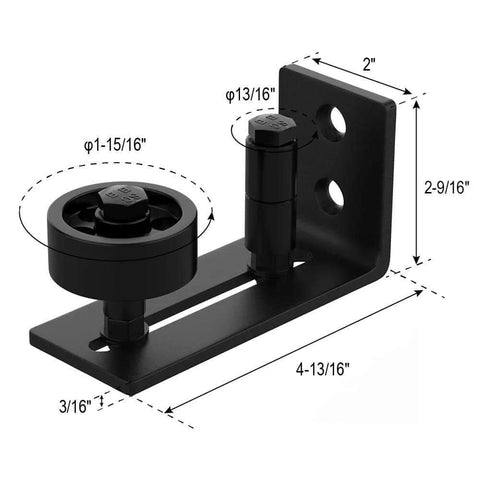 Flush Floor Sliding Barn Door Roller Guide Set With Wall Mounted Hardware, side view, dimensions labeled, black