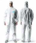 Heavy Duty Hazmat Coveralls 25 Pack With Hood And Elastic Wrists, Full Body Disposable Suit, Anti Static Microporous PE Film, Tough As Nails 4 Thread Seams, X Large - front and back view of coverall worn by model.
