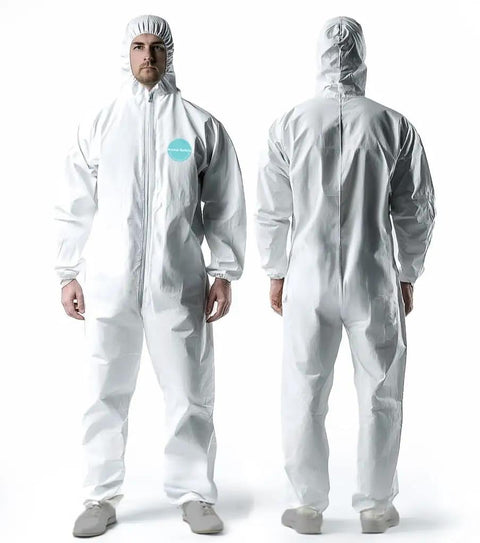 Heavy Duty Hazmat Coveralls 25 Pack With Hood And Elastic Wrists, Full Body Disposable Suit, Anti Static Microporous PE Film, Tough As Nails 4 Thread Seams, X Large - front and back view of coverall worn by model.