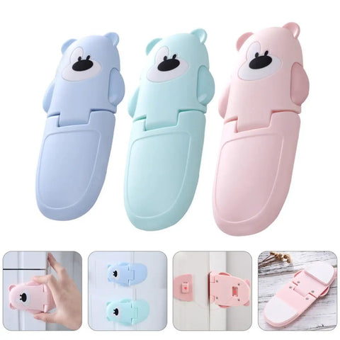 Bear Shaped Cabinet Locks For Kids 3 Pack ABS Safety Latches assorted colors with double button open and 90 degree curve