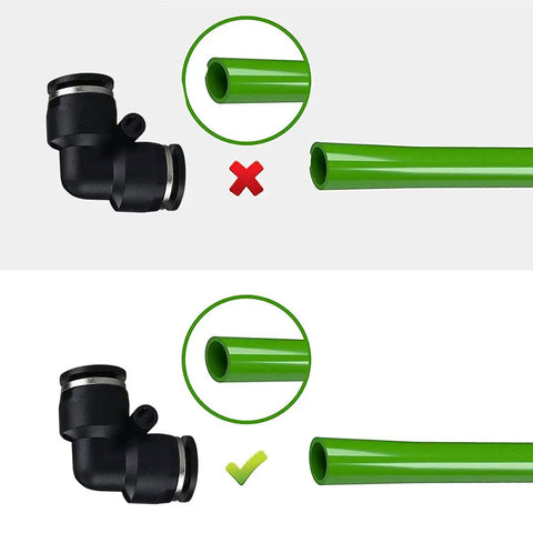 3/8 In Push To Connect Air Line Fittings Set 10 Pack For Air Hose Quick Connect Pneumatic Fittings Elbow And Union, shown with hose connection