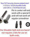 Chrome Plated Torx T27 Security Fastener Set for One And A Quarter Inch Panels, showing bolt, barrel nut, and T27 bits.