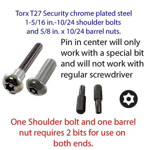 Chrome Plated Torx T27 Security Fastener Set for One And A Quarter Inch Panels, showing bolt, barrel nut, and T27 bits.