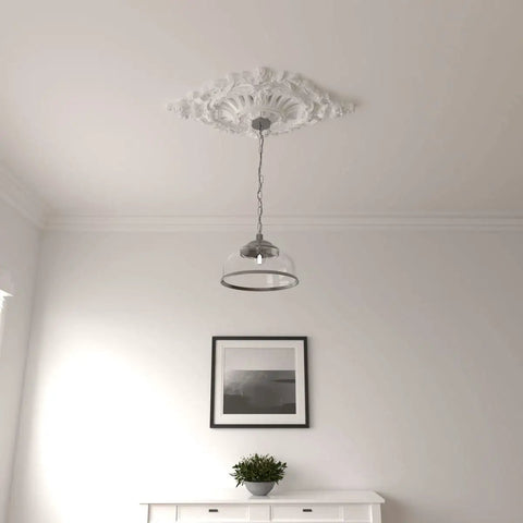 Ceiling Medallion 35 7/8 Inches Wide by 22 1/2 Inches High with 4 3/8 Inch Projection installed on a ceiling with a hanging light.