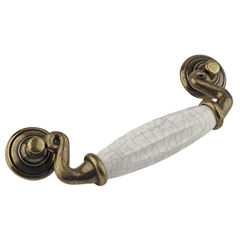 Drop Bail Dresser Drawer Pulls White Crackle Ceramic Knobs With Antique Bronze Finish, kitchen cabinet hardware, 5.5 inch length