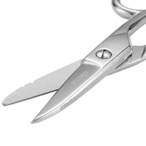 Heavy Duty Electrician Scissors 5-1/5 Inch Forged Stainless Steel Shears With Wire Stripping Notches For 19 And 23 AWG, Telecom Cable And Wire Cutting, Pro Grade Industrial Serrated Non Slip Edge