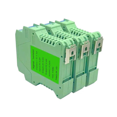 Green ultra-thin DC 24V signal isolator for PLC with one input, two analog outputs, 4-20 mA module, rail mount design